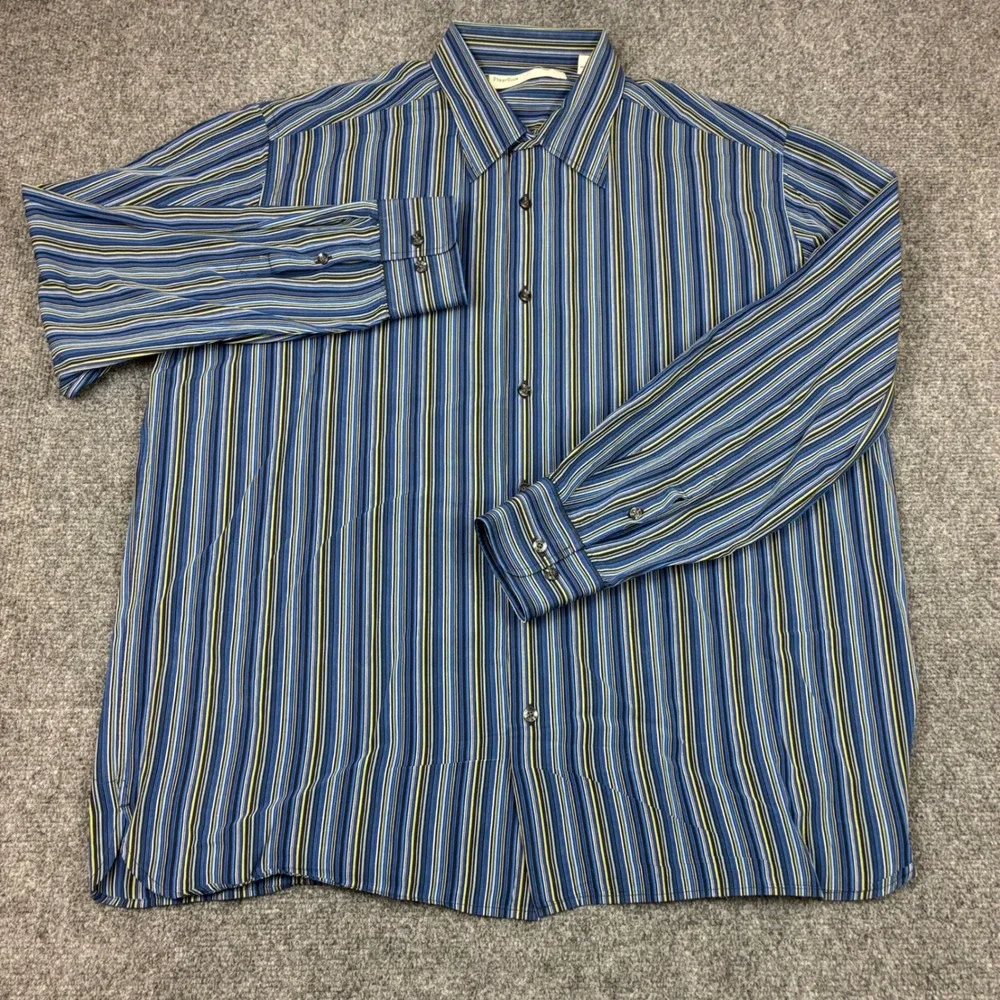 Perry Ellis Mens Size XL Long Sleeve Button Down Shirt Multicolor Striped Cotton